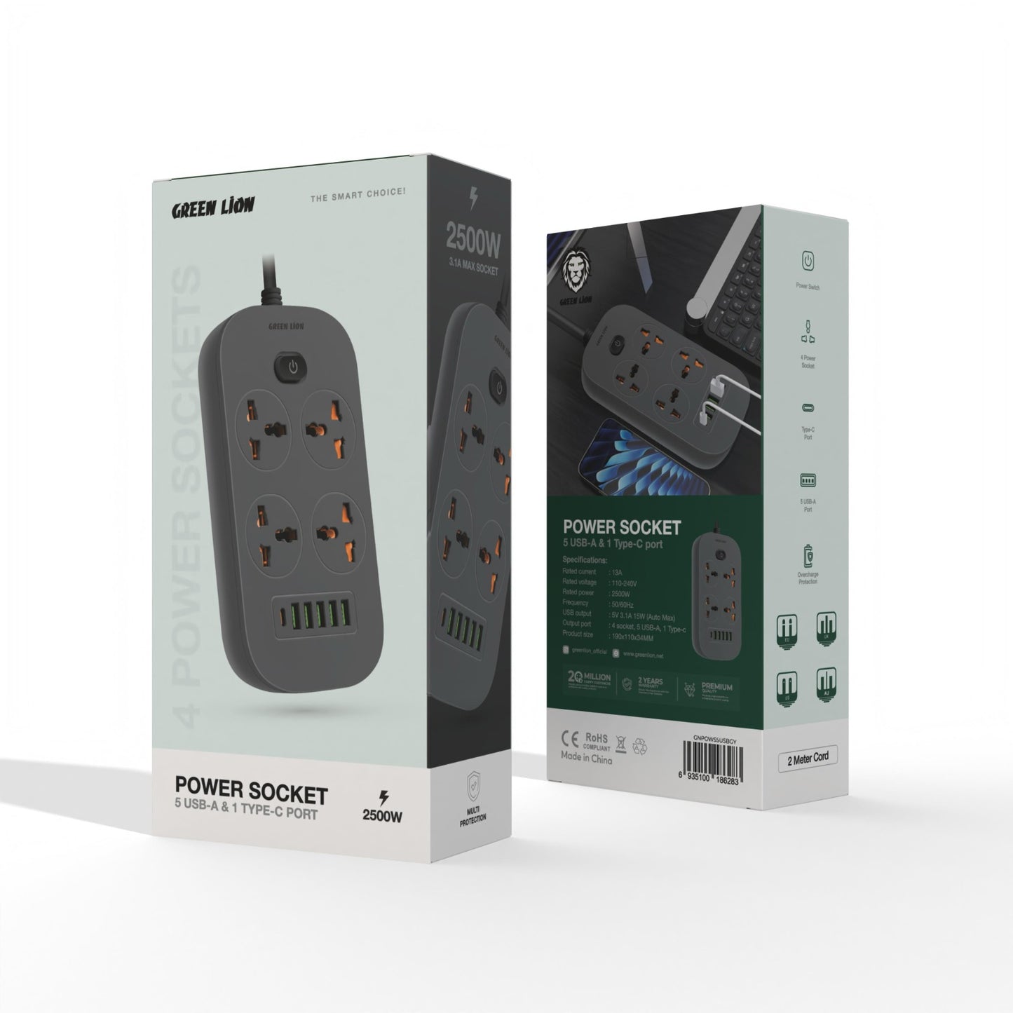 Green Lion Power Socket  5 USB - A & 1 Type-C 2 Meter 2500W