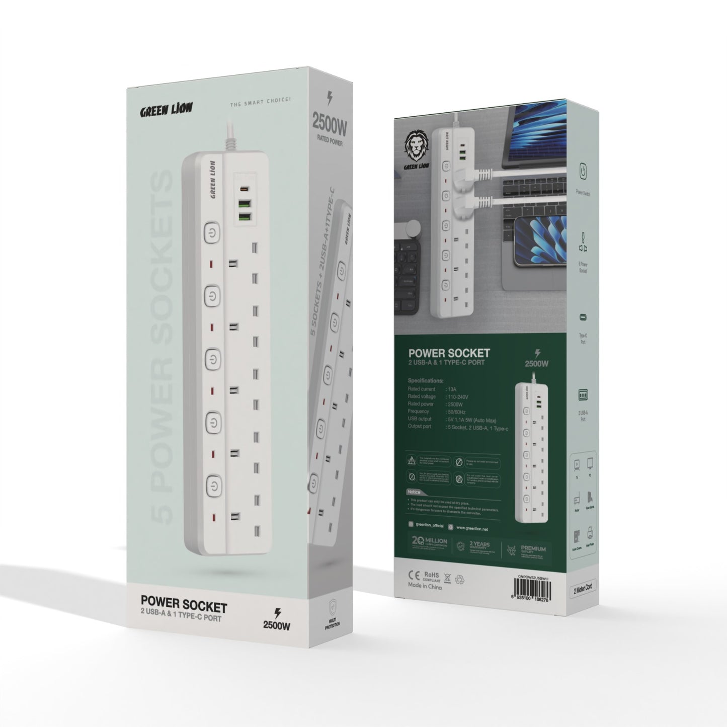 Green Lion Power Socket  2 USB - A & 1 Type C 2 Meter 2500W