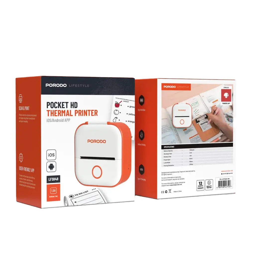 Porodo Lifestyle Pocket HD Thermal Printer - White/Orange